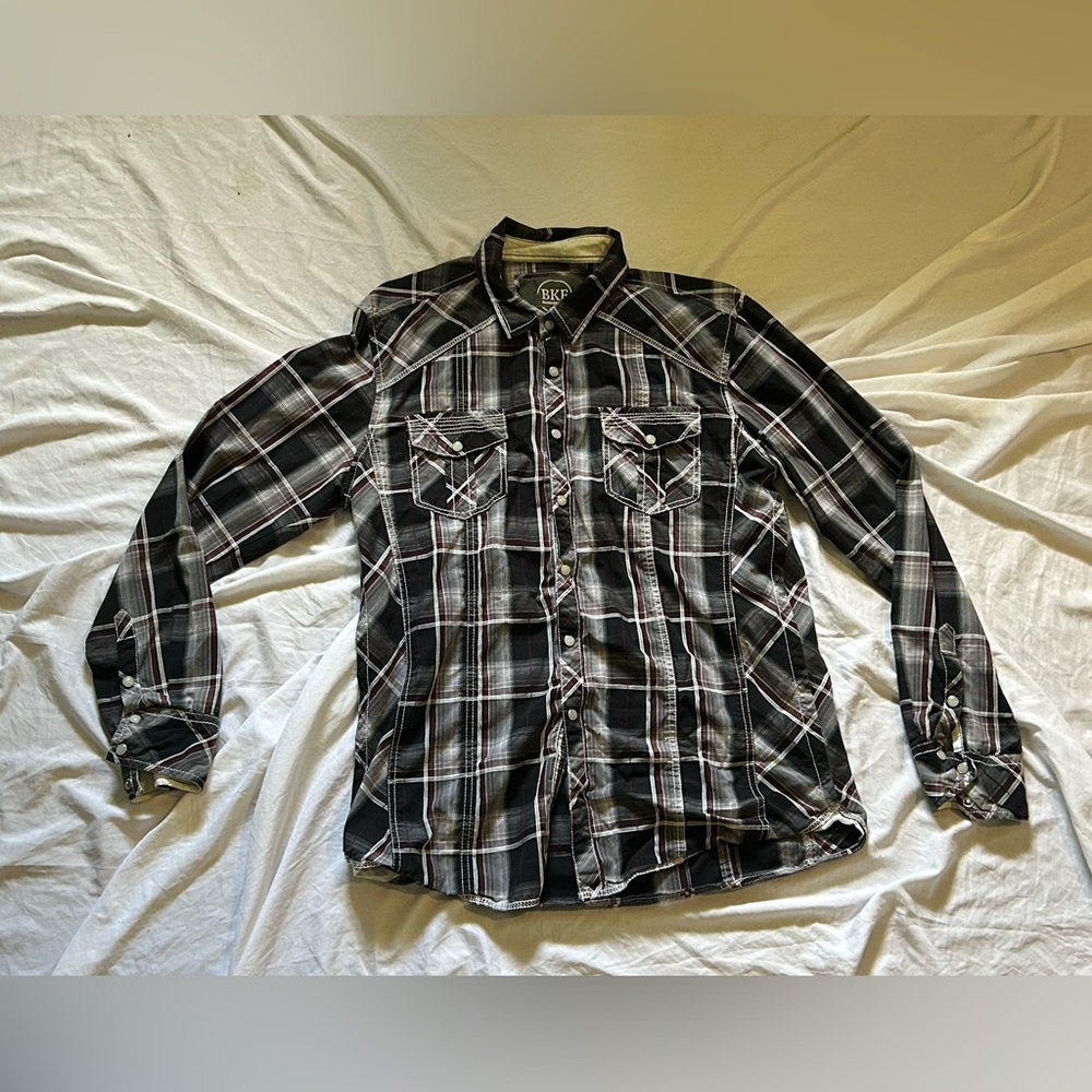 BKE long sleeve pearl snap plaid western size L